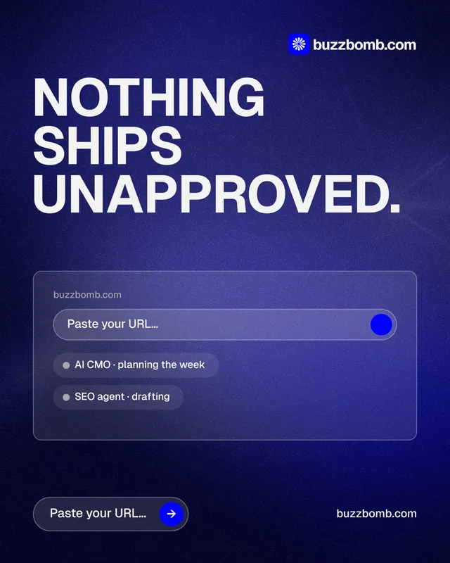 Instagram portrait post for BuzzBomb: "Nothing ships unapproved." Agentic glass style, poster layout, dark palette in blue.