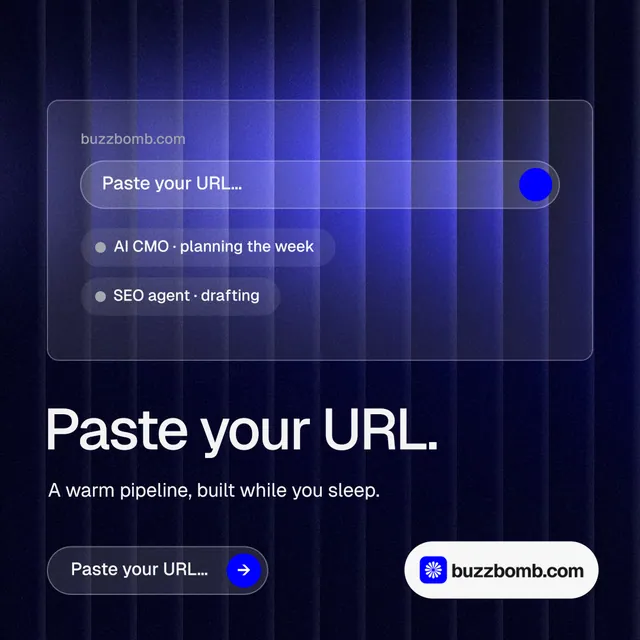 Instagram post for BuzzBomb: "Paste your URL." Agentic glass style, bottom layout, dark palette in blue, black.