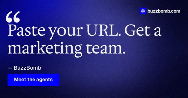 Social ad for BuzzBomb: "Spark some growth today." Swiss style, quote layout, dark palette in blue.
