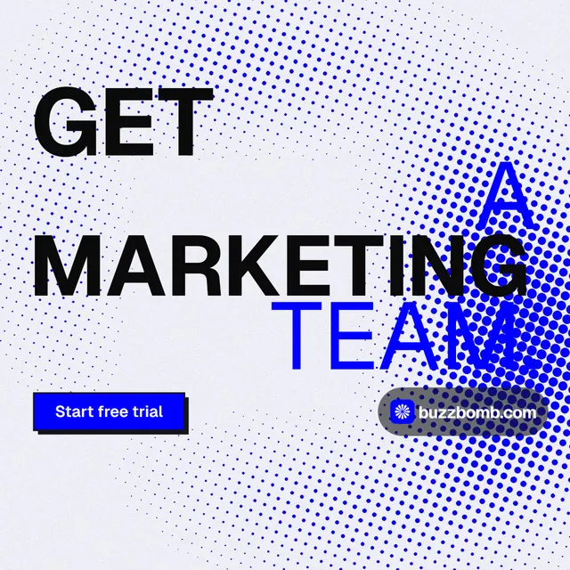 Instagram post for BuzzBomb: "Get a marketing team." Brutalist style, stacked layout, light palette in blue, white.