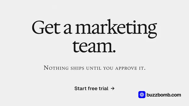 Landscape graphic for BuzzBomb: "Get a marketing team." Swiss style, smallcaps layout, light palette in white, grey.