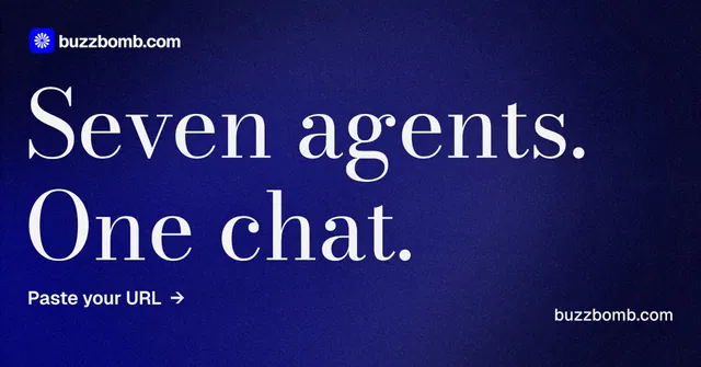 Social ad for BuzzBomb: "Seven agents. One chat." Minimal luxury style, poster layout, dark palette in blue.