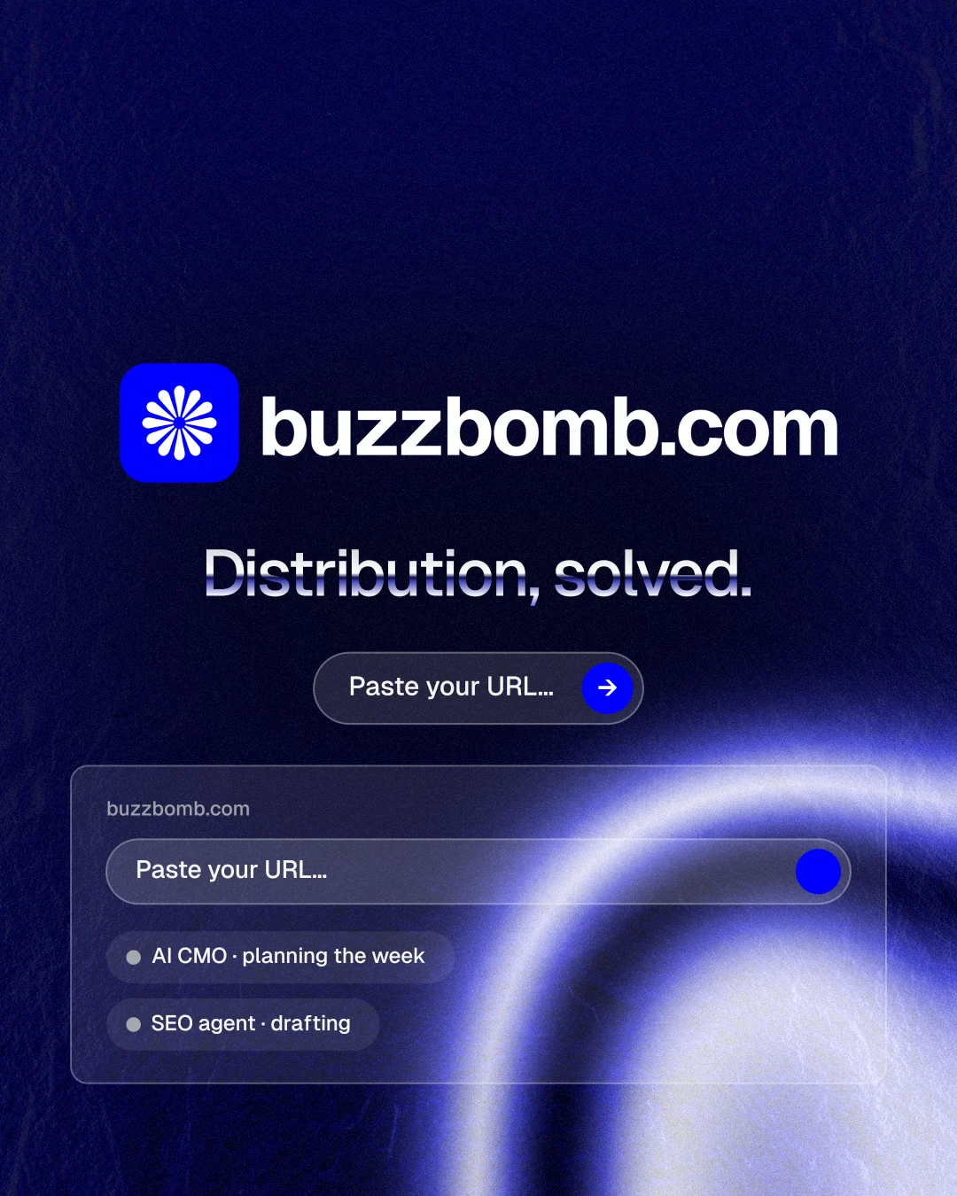 Instagram portrait post for BuzzBomb: "Distribution, solved." Agentic glass style, logo hero layout, dark palette in blue, black.