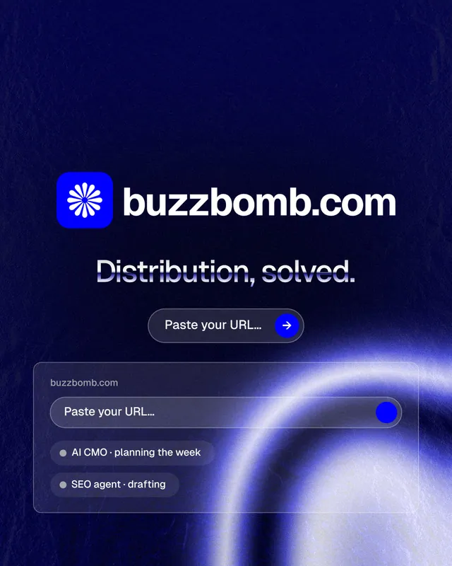 Instagram portrait post for BuzzBomb: "Distribution, solved." Agentic glass style, logo hero layout, dark palette in blue, black.