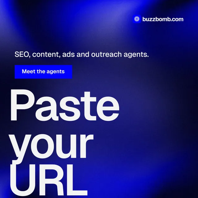 Instagram post for BuzzBomb: "Get a marketing team." Swiss style, oversized layout, dark palette in blue.