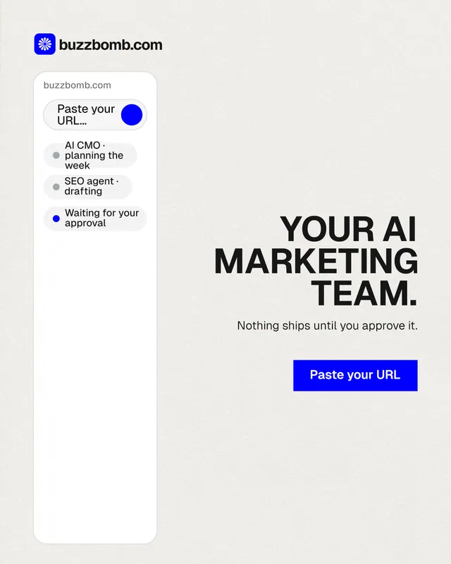 Instagram portrait post for BuzzBomb: "Your AI marketing team." Swiss style, right layout, light palette in white, grey.