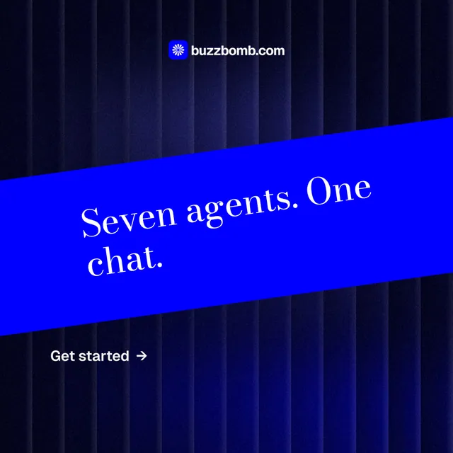 Instagram post for BuzzBomb: "Seven agents. One chat." Minimal luxury style, diagonal layout, dark palette in blue.