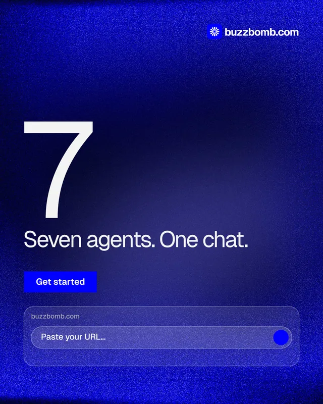 Instagram portrait post for BuzzBomb: "Seven agents. One chat." Swiss style, stat layout, dark palette in blue.