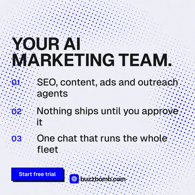 Instagram post for BuzzBomb: "Your AI marketing team." Brutalist style, numbered layout, light palette in blue, white, grey.