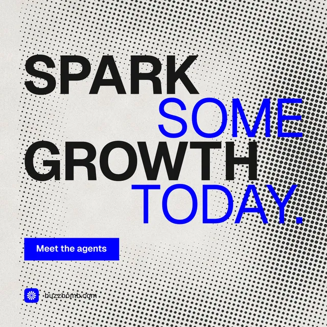 Instagram post for BuzzBomb: "Spark some growth today." Swiss style, stacked layout, light palette in grey, white, blue.