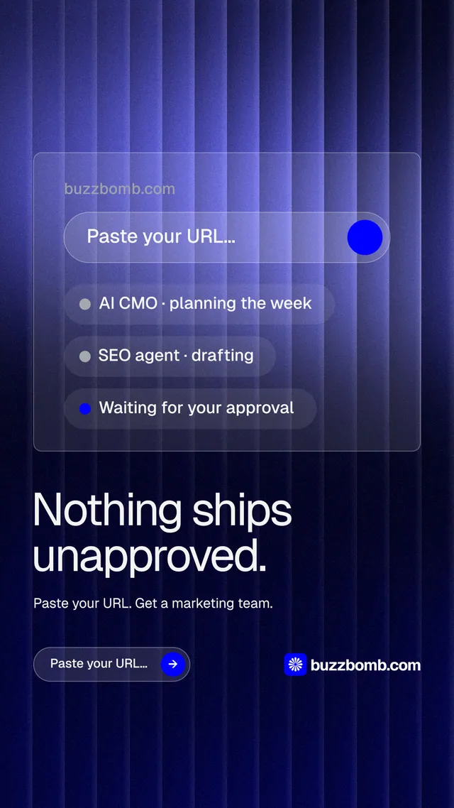 Instagram story for BuzzBomb: "Nothing ships unapproved." Agentic glass style, bottom layout, dark palette in black, blue.