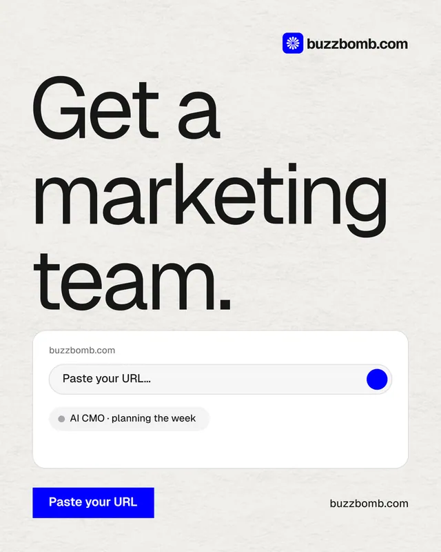 Instagram portrait post for BuzzBomb: "Get a marketing team." Swiss style, poster layout, light palette in white, grey.