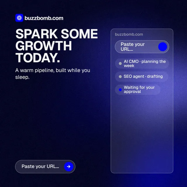 Instagram post for BuzzBomb: "Spark some growth today." Agentic glass style, skeleton layout, dark palette in black, blue.