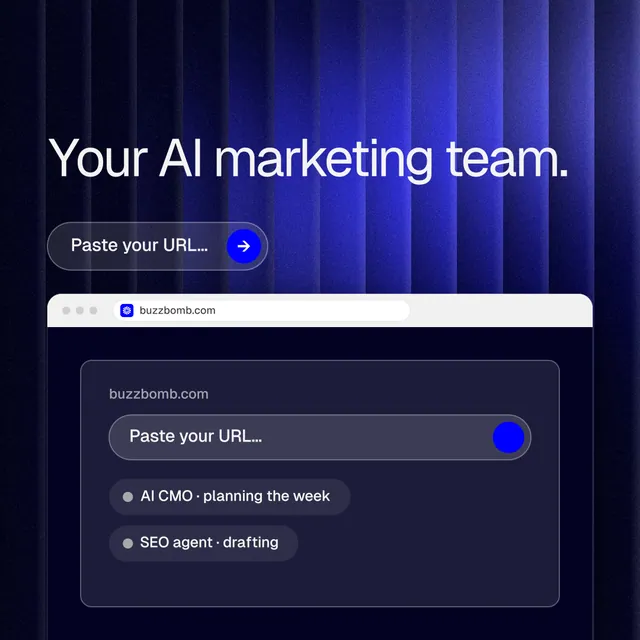 Instagram post for BuzzBomb: "Your AI marketing team." Agentic glass style, browser layout, dark palette in black, blue, grey.