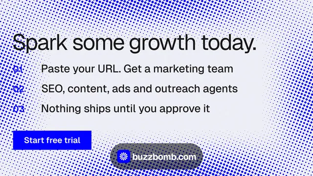 Landscape graphic for BuzzBomb: "Spark some growth today." Swiss style, numbered layout, light palette in blue, white.