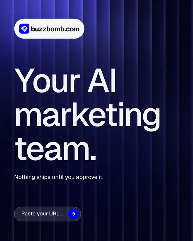 Instagram portrait post for BuzzBomb: "Your AI marketing team." Agentic glass style, announce layout, dark palette in black, blue, grey.