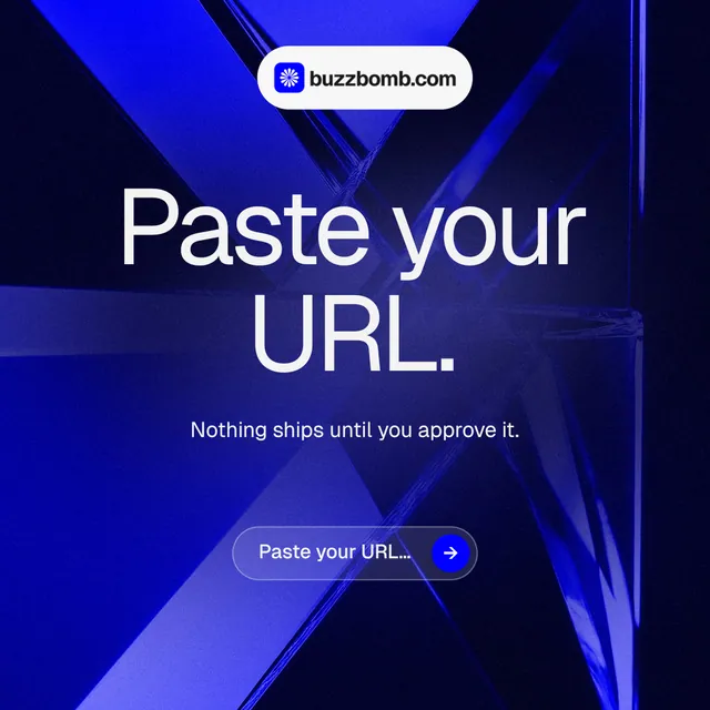 Instagram post for BuzzBomb: "Paste your URL." Agentic glass style, centred layout, dark palette in black, blue.