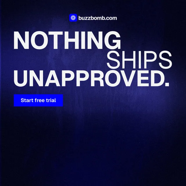 Instagram post for BuzzBomb: "Nothing ships unapproved." Swiss style, stacked layout, dark palette in black, blue, grey.