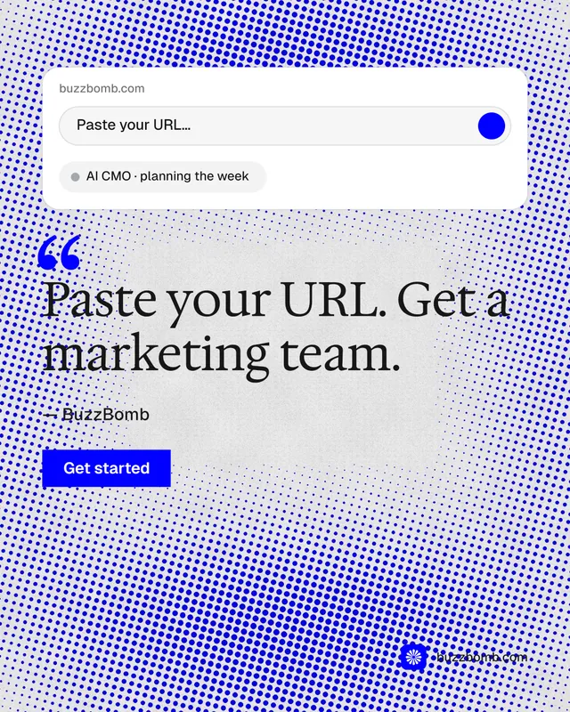 Instagram portrait post for BuzzBomb: "Your AI marketing team." Swiss style, quote layout, light palette in blue, white.