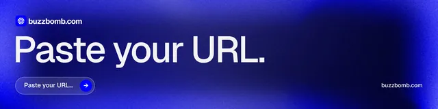 LinkedIn banner for BuzzBomb: "Paste your URL." Agentic glass style, poster layout, dark palette in blue.