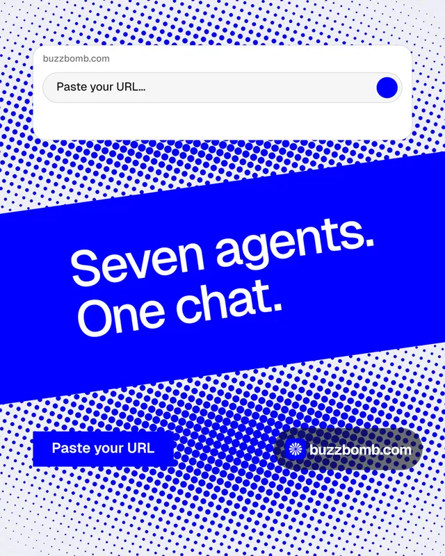 Instagram portrait post for BuzzBomb: "Seven agents. One chat." Swiss style, diagonal layout, light palette in blue, white.