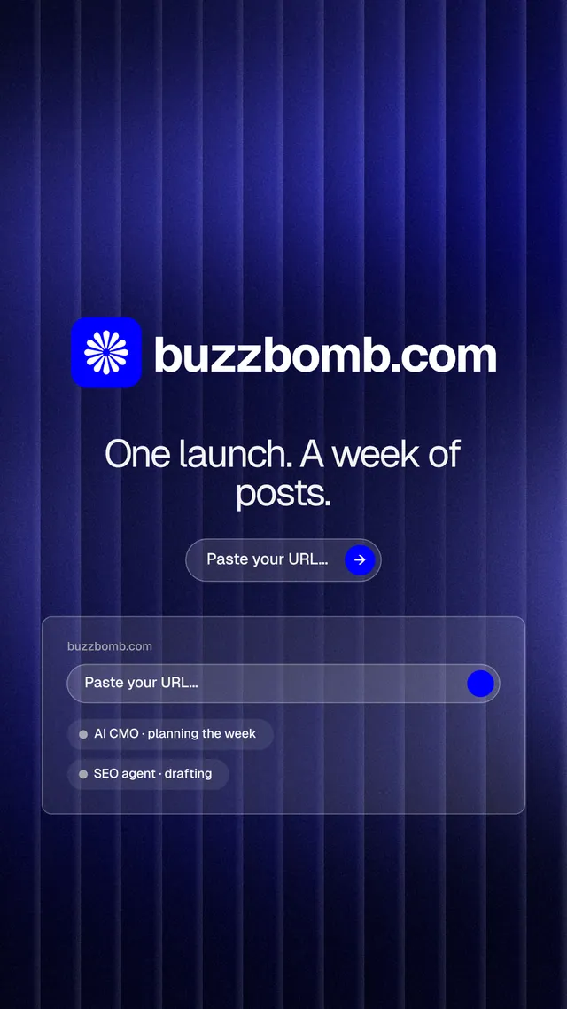 Instagram story for BuzzBomb: "One launch. A week of posts." Agentic glass style, logo hero layout, dark palette in blue, black.