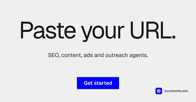 Social ad for BuzzBomb: "Paste your URL." Swiss style, centred layout, light palette in white, blue.
