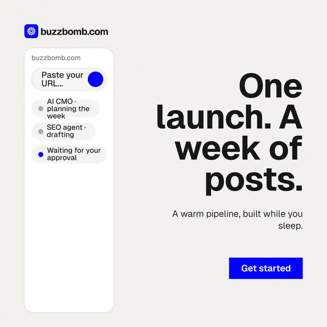 Instagram post for BuzzBomb: "One launch. A week of posts." Swiss style, right layout, light palette in white, grey.