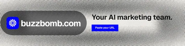 LinkedIn banner for BuzzBomb: "Your AI marketing team." Swiss style, logo hero layout, light palette in grey, white.