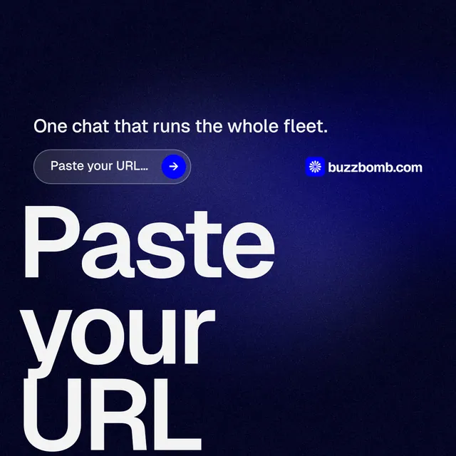 Instagram post for BuzzBomb: "One launch. A week of posts." Agentic glass style, oversized layout, dark palette in black, blue, grey.