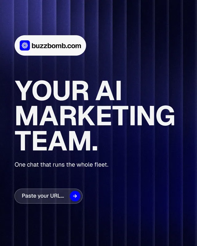 Instagram portrait post for BuzzBomb: "Your AI marketing team." Agentic glass style, announce layout, dark palette in black, blue, grey.