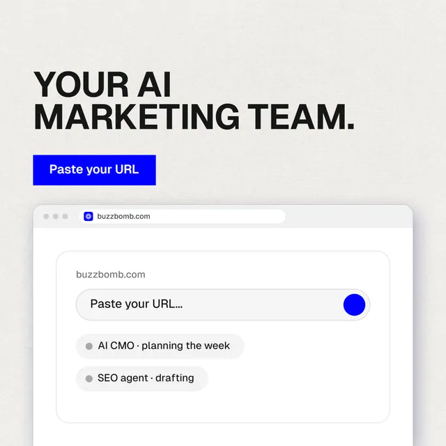Instagram post for BuzzBomb: "Your AI marketing team." Swiss style, browser layout, light palette in white, grey.