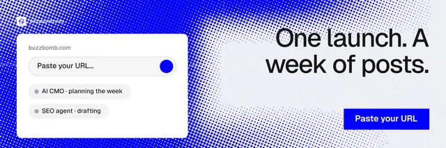 X header for BuzzBomb: "One launch. A week of posts." Swiss style, right layout, light palette in white, blue.