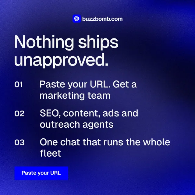 Instagram post for BuzzBomb: "Nothing ships unapproved." Swiss style, numbered layout, dark palette in blue, grey.