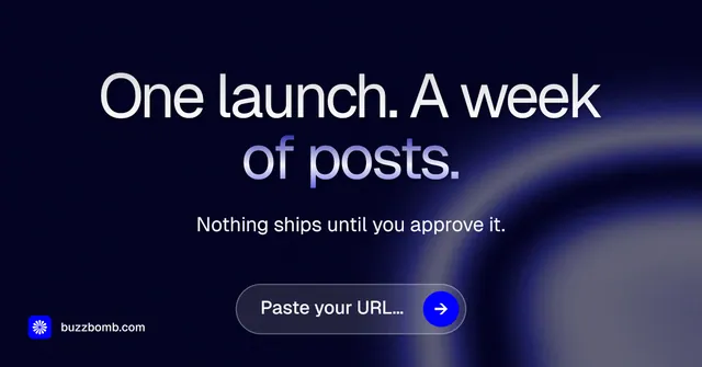 Social ad for BuzzBomb: "One launch. A week of posts." Agentic glass style, centred layout, dark palette in black, grey, blue.