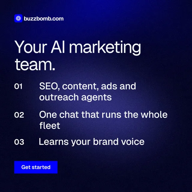 Instagram post for BuzzBomb: "Your AI marketing team." Swiss style, numbered layout, dark palette in black, blue, grey.
