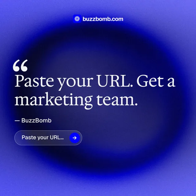 Instagram post for BuzzBomb: "Your AI marketing team." Agentic glass style, quote layout, dark palette in blue.