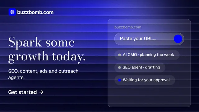 Landscape graphic for BuzzBomb: "Spark some growth today." Minimal luxury style, bottom layout, dark palette in black, blue.