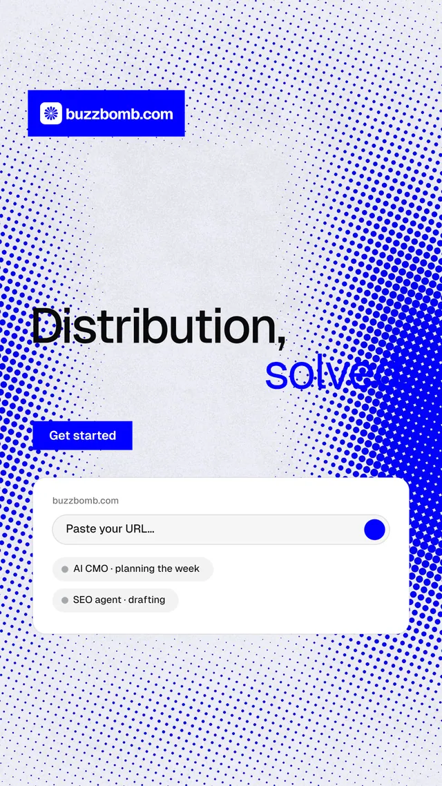 Instagram story for BuzzBomb: "Distribution, solved." Swiss style, stacked layout, light palette in blue, white.