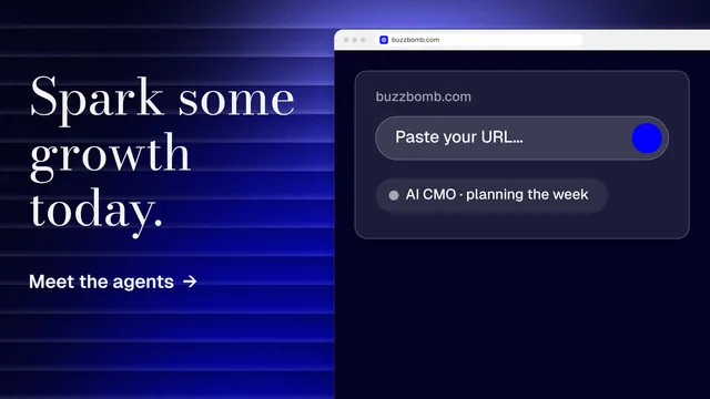 Landscape graphic for BuzzBomb: "Spark some growth today." Minimal luxury style, browser layout, dark palette in black, blue.