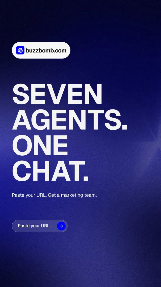 Instagram story for BuzzBomb: "Seven agents. One chat." Agentic glass style, announce layout, dark palette in blue, black.