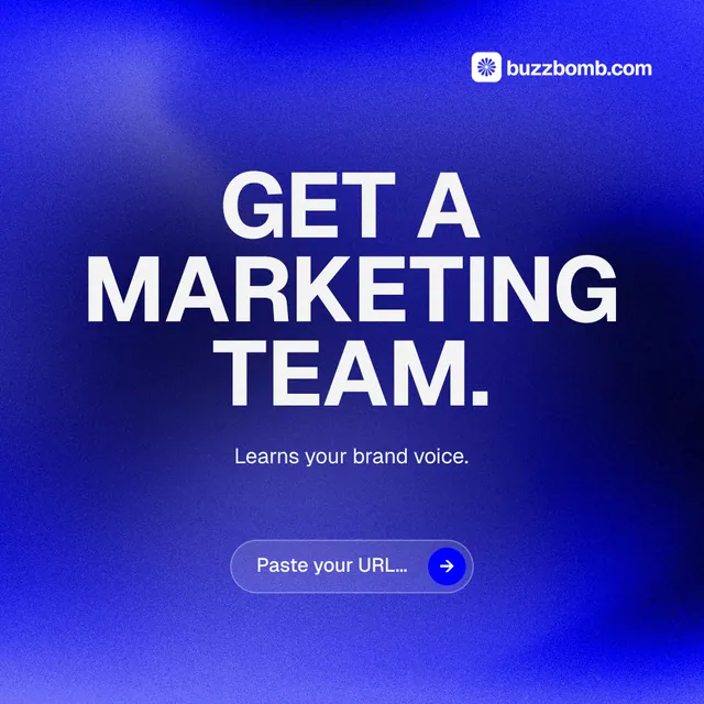 Instagram post for BuzzBomb: "Get a marketing team." Agentic glass style, centred layout, dark palette in blue.