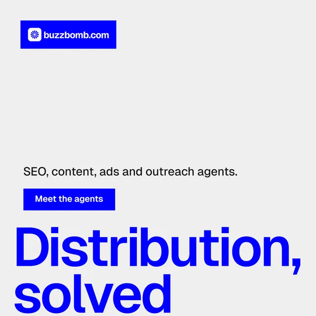 Instagram post for BuzzBomb: "Get a marketing team." Swiss style, oversized layout, light palette in white, blue.