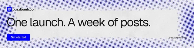 LinkedIn banner for BuzzBomb: "One launch. A week of posts." Swiss style, poster layout, light palette in blue, white.