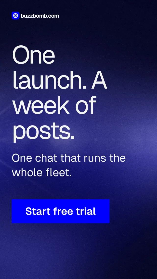 Instagram story for BuzzBomb: "One launch. A week of posts." Swiss style, skeleton layout, dark palette in black, blue.