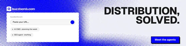 LinkedIn banner for BuzzBomb: "Distribution, solved." Brutalist style, right layout, light palette in white, blue.