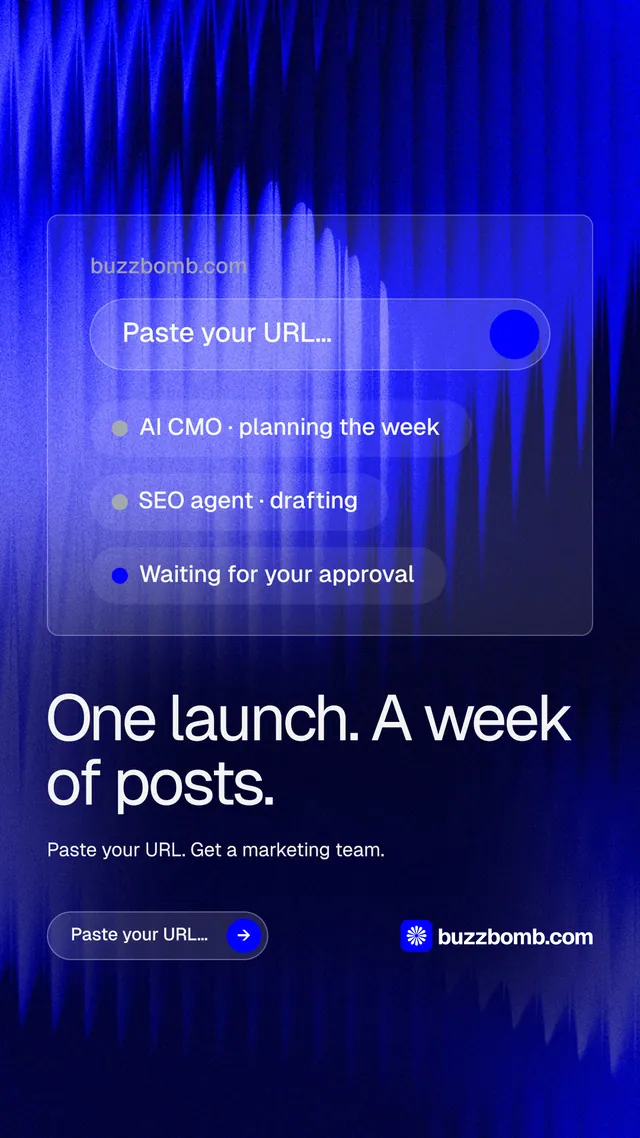 Instagram story for BuzzBomb: "One launch. A week of posts." Agentic glass style, bottom layout, dark palette in black, blue.