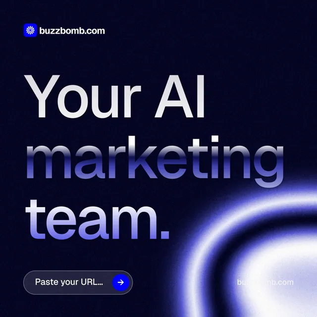 Instagram post for BuzzBomb: "Your AI marketing team." Agentic glass style, poster layout, dark palette in black, blue.