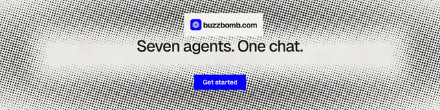 LinkedIn banner for BuzzBomb: "Seven agents. One chat." Swiss style, centred layout, light palette in grey, white.