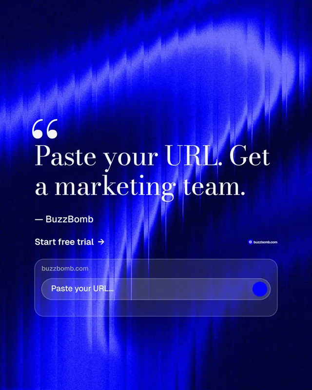 Instagram portrait post for BuzzBomb: "Your AI marketing team." Minimal luxury style, quote layout, dark palette in blue.